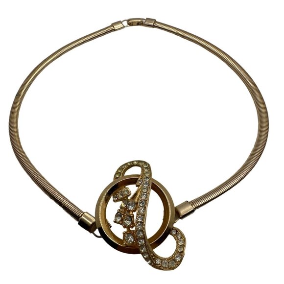 Vintage Swirl Rhinestone Choker Necklace Snake Chain Gold Tone Unsigned - Picture 3 of 9